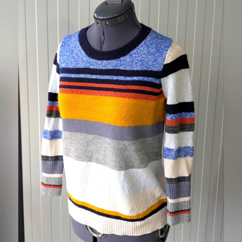 The Loft small striped 3/4 sleeve round neck knit sweater white blue yellow Gold